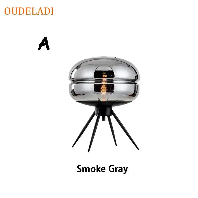 Smoke gray oudeladi glass table lamp with reflective dome and black tripod base for modern bedroom decorbites decor