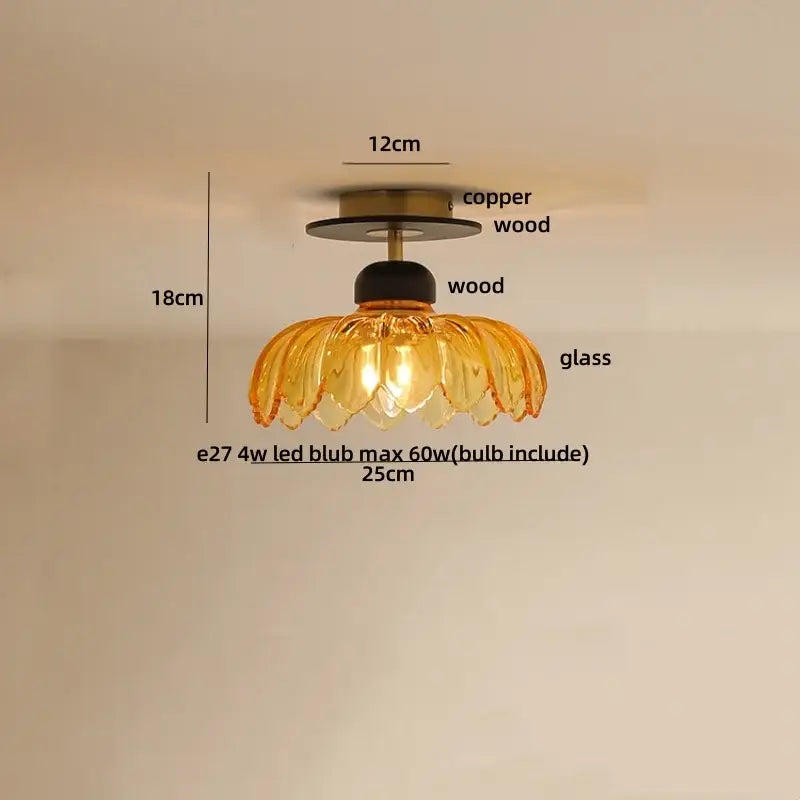 Modern amber glass wood ceiling light with warm amber glass and copper wood base in delicate petal shape by decorbites amber glass