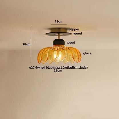 Modern amber glass wood ceiling light with warm amber glass and copper wood base in delicate petal shape by decorbites amber glass