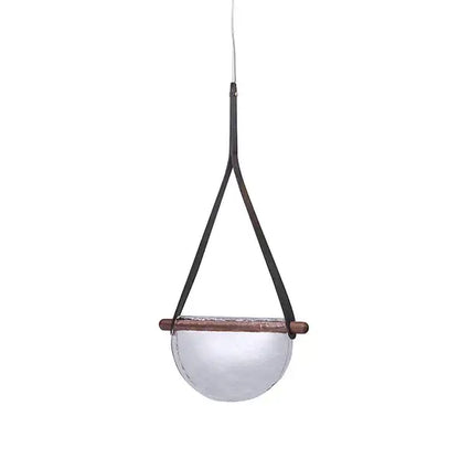 Minimalist modern amber and gray pendant lamp with frosted glass dome and decorbites handmade leather straps for bedroom decor