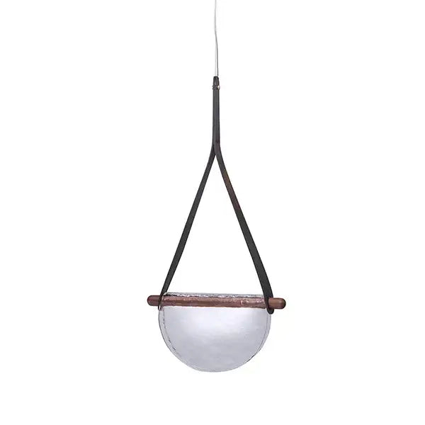 Minimalist modern amber and gray pendant lamp with frosted glass dome and decorbites handmade leather straps for bedroom decor