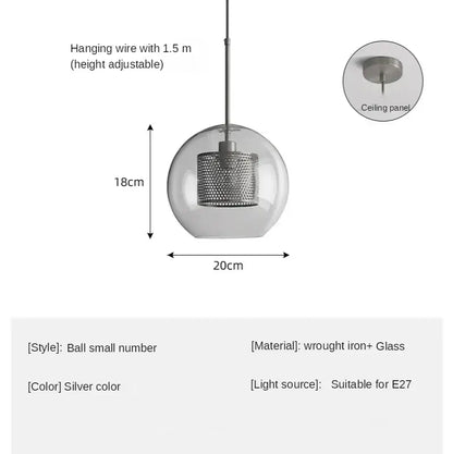 Modern amber honeycomb decorbites glass ball pendant light with silver spherical clear glass globe and perforated metal mesh shade
