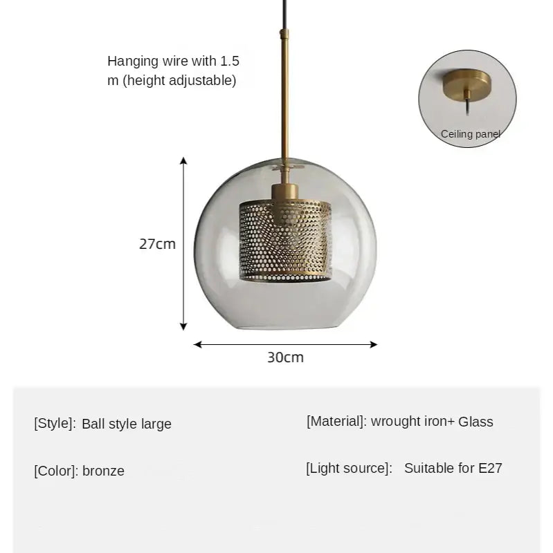 Bronze pendant light with clear glass ball led and perforated wrought iron shade for modern kitchen decorbites design