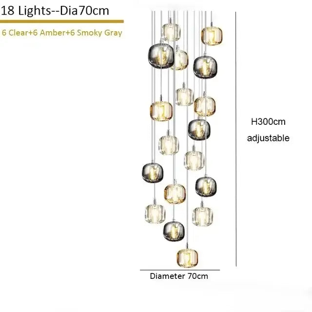 A modern amber and smoke crystal staircase chandelier with 18 spherical glass globes for living room lighting