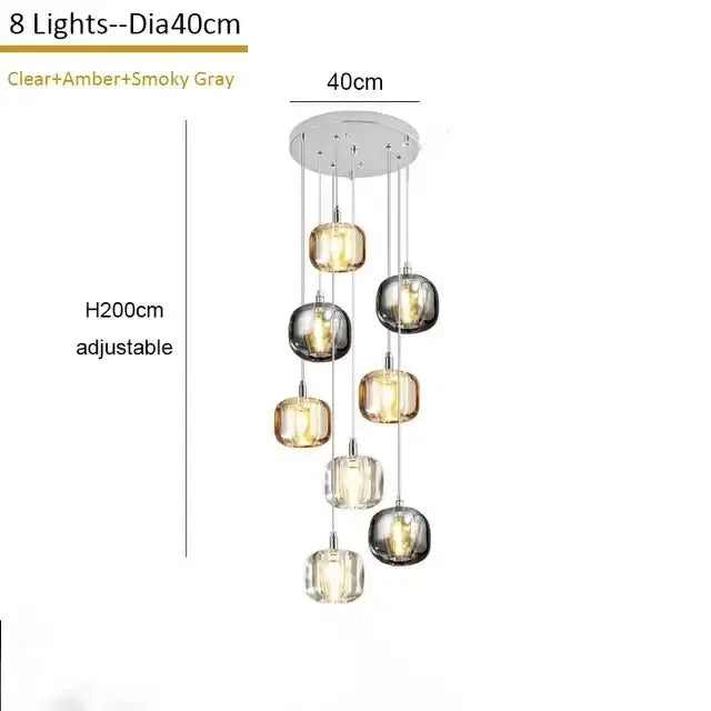 Modern amber and smoke crystal staircase chandelier with eight glass globe lights and chrome ceiling mount for living room