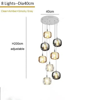 Modern amber and smoky grey crystal staircase chandelier with eight glass globe lights in chrome finish for dining room