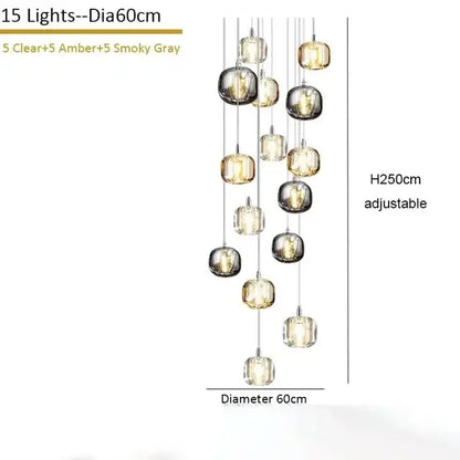 A modern amber and smoky grey crystal staircase chandelier with 15 spherical glass lights suspended by adjustable chains