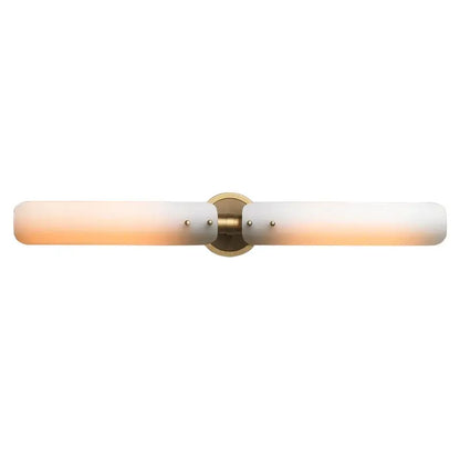 Brass-finished modern amber and white led wall sconce with two frosted glass shades for bedroom decorbites led wall lighting