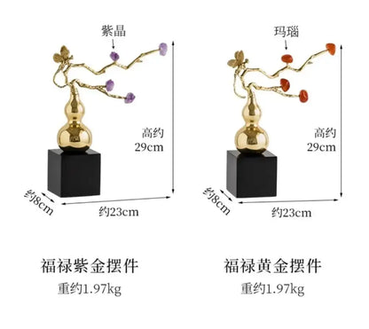 Golden gourd-shaped decorbites crystal jade wealth ornament with amethyst and carnelian gemstones on black base