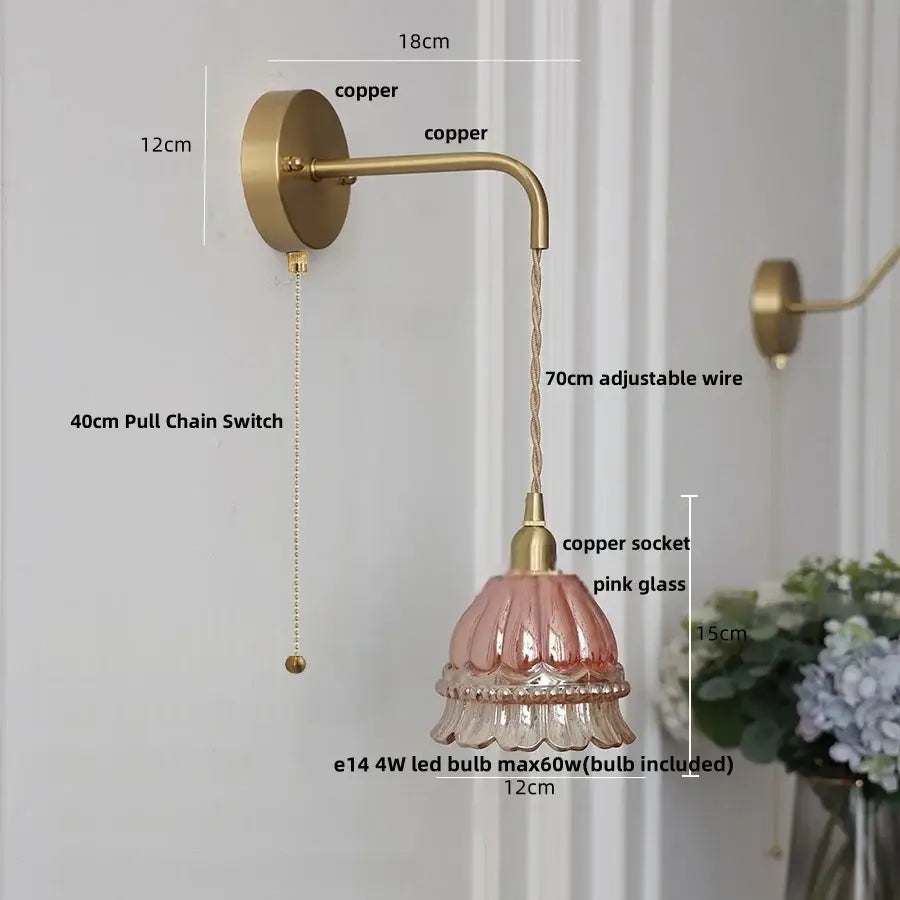 Modern antique brass wall light with decorbites amber glass led and pink fluted glass lampshade for bedroom sconce