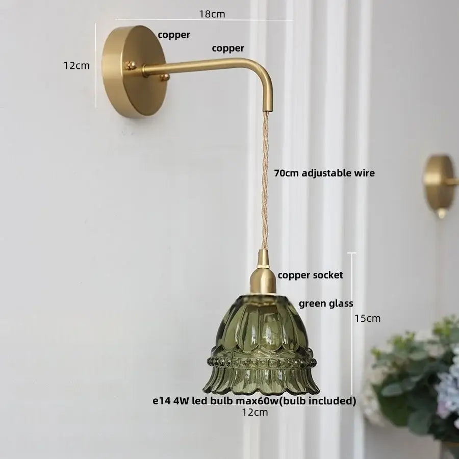 Modern antique brass amber glass led wall light with copper arm and green decorbites amber glass fluted shade