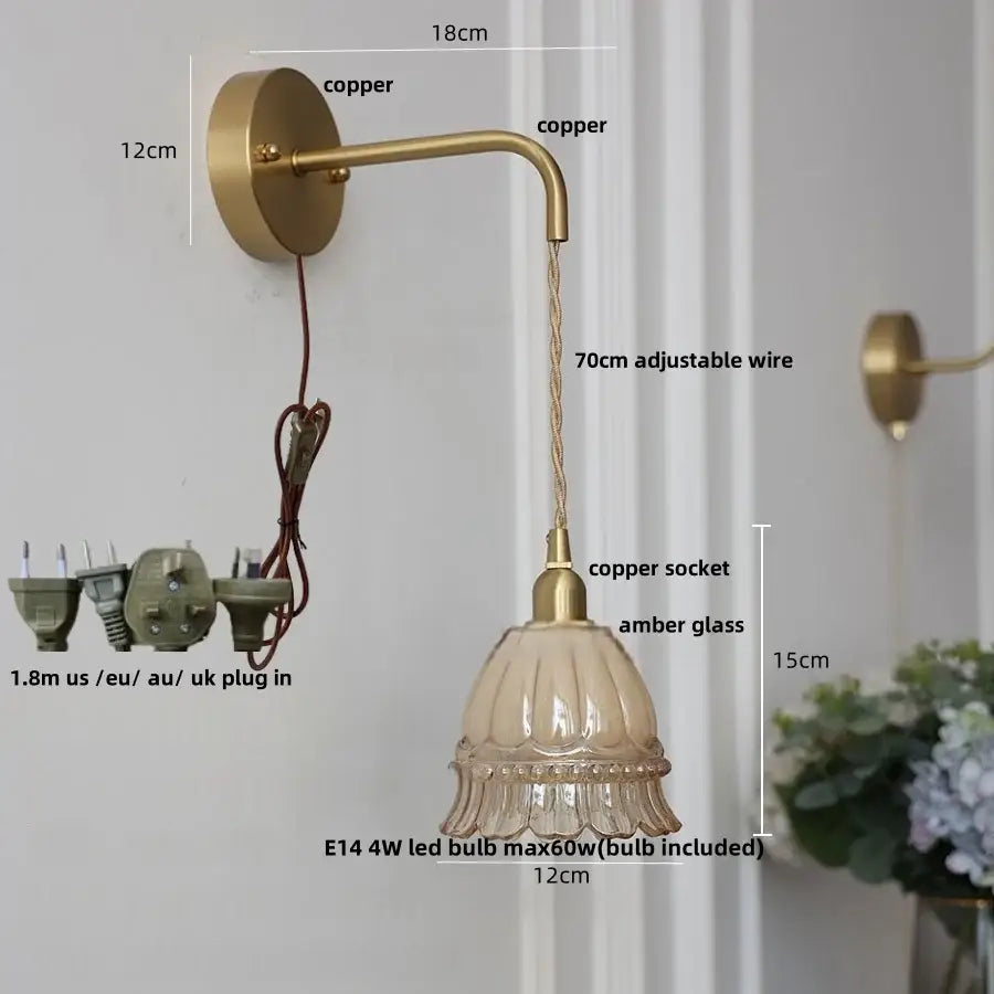 Modern antique brass amber glass led wall light with copper finish and decorbites amber glass fluted shade for bedroom decor