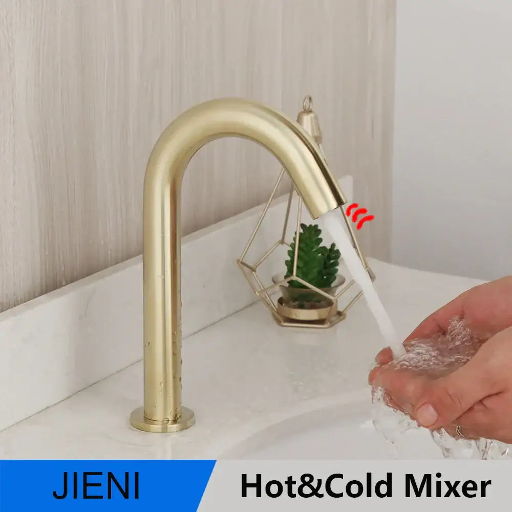 Modern arched brushed gold basin faucet with sleek curved design by decorbites featuring jieni hot cold mixer in brushed gold