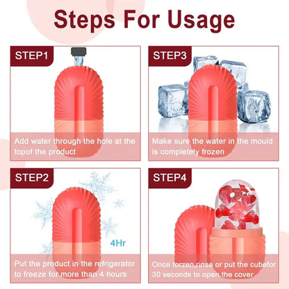 A vibrant coral silicone ice cube tray with a fluted shell design and black cap for modern facial roller massager use
