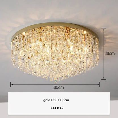Modern art deco gold crystal steel led ceiling chandelier with circular design and cascading clear faceted crystals