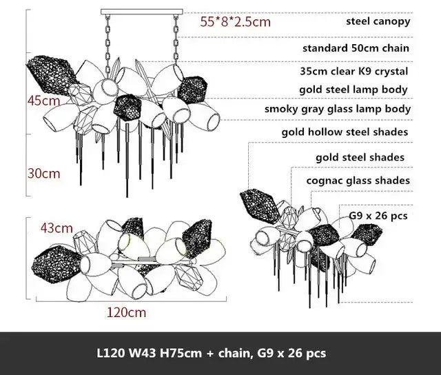 Modern artistic gold crystal duplex chandelier with steel canopy and cognac glass shades for living room decorbites crystal duplex