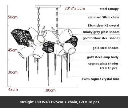 Modern artistic gold crystal duplex chandelier with steel canopy and smoky gray and cognac glass for living room decorbites crystal duplex