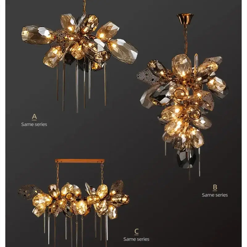 Modern artistic gold crystal duplex chandelier with faceted flower-like design and dangling metallic rods for living room decorbites crystal duplex