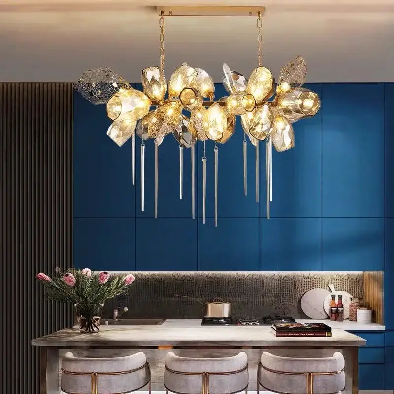 Modern artistic gold decorbites crystal duplex chandelier with dangling glass rods for living room decor