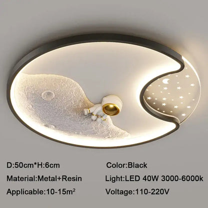 Black oval ceiling light with astronaut figurine on textured lunar surface modern astronaut moonlight led decorbites ceiling light