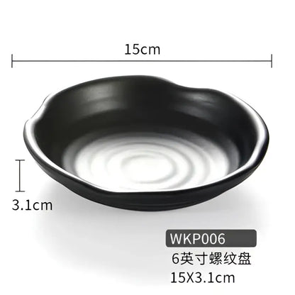 Modern asymmetrical black melamine plastic dipping sauce bowl with smooth glossy finish and subtle concentric ridges interior