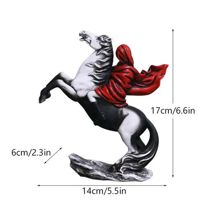 Modern banksy red knight statue featuring a black and white horse with a flowing red cloak on a textured base for decor