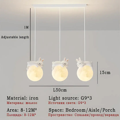 Modern bear led pendant light featuring white rabbit-themed iron pendant lights with moon-shaped bases for bedroom use