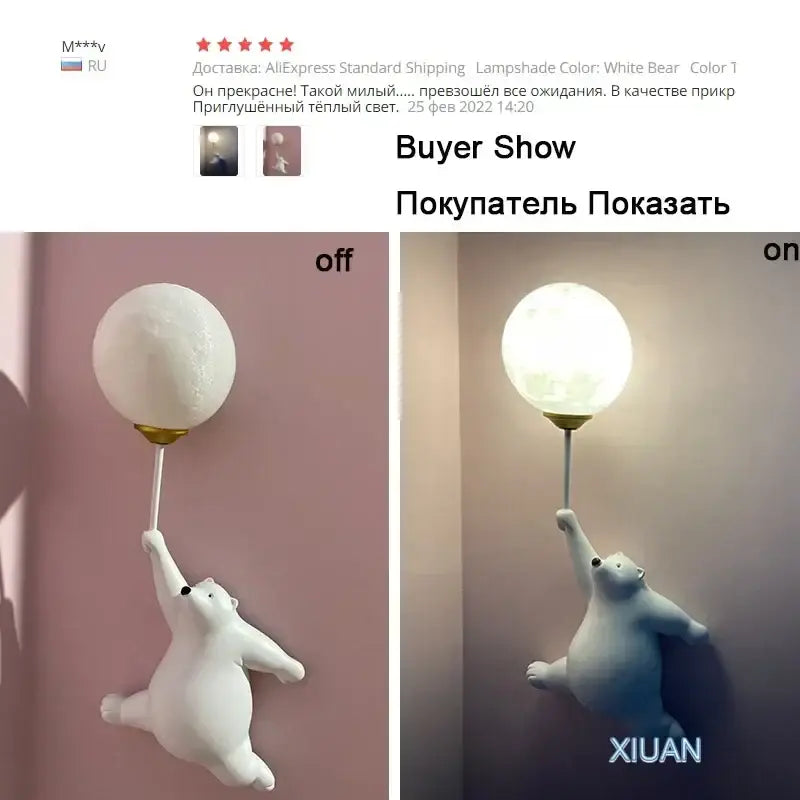 White polar bear moon wall lamp with textured spherical globe shade and gold-toned mount for kids bedroom decor