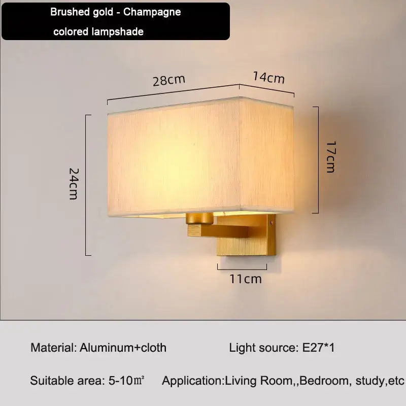 Brushed gold rectangular wall lamp with champagne fabric shade for modern elegant bedroom wall lighting