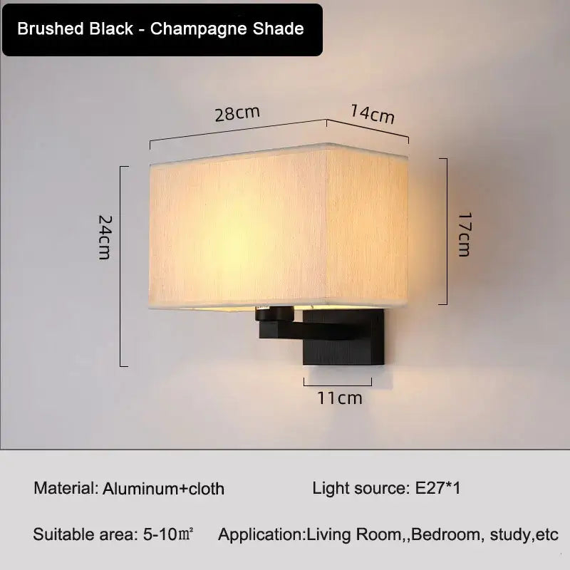 Modern beige and black elegant bedroom wall lamp brushed black wall sconce with champagne fabric shade