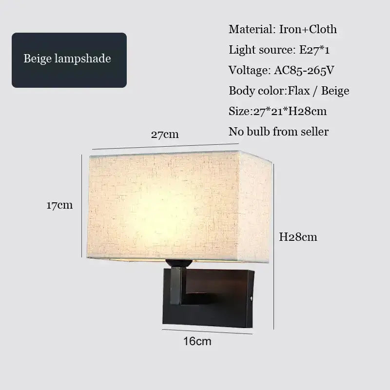Modern beige and brown hotel fabric wall lamp with beige rectangular lampshade on black iron sconce decorbites hotel fabric