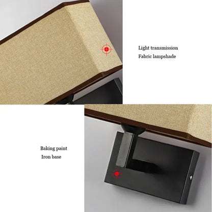 Modern beige and brown hotel fabric wall lamp with beige fabric shade dark brown wooden trim and black iron base decorbites hotel fabric wall
