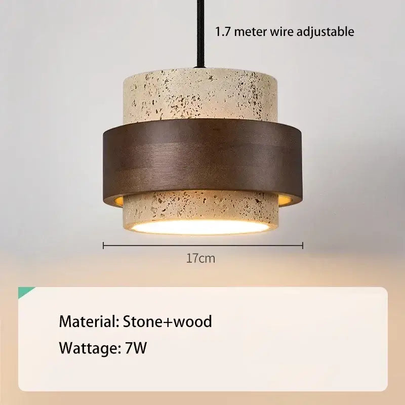 Modern beige pendant light with speckled stone and walnut wood finish rings with adjustable wire suspension