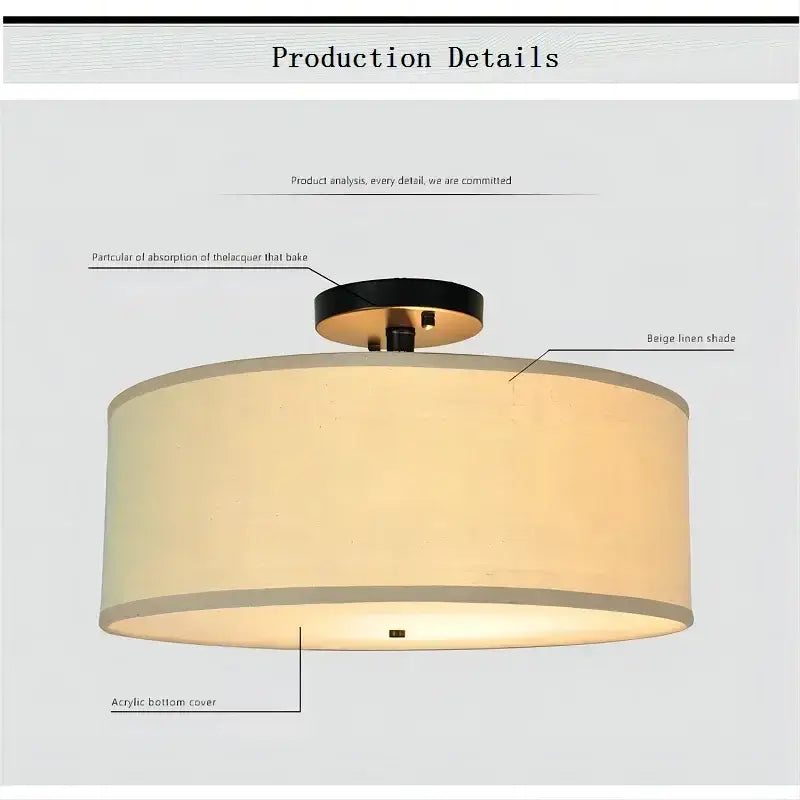 Modern beige decorbites country fabric led ceiling light with linen shade black metal fixture and acrylic bottom cover