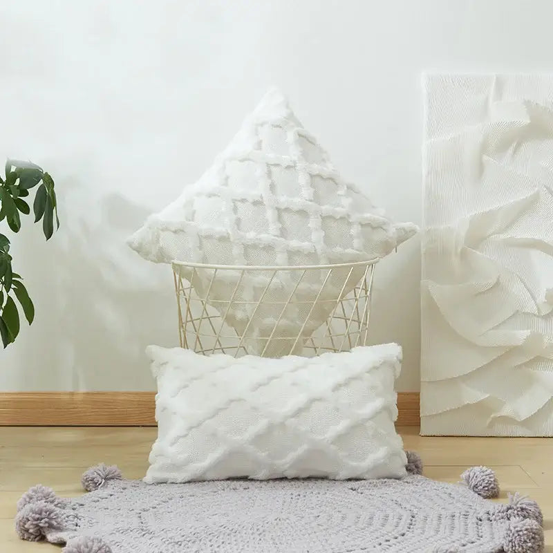 White textured cushion cover with diamond solid embroidery and plush fabric for modern living room decor