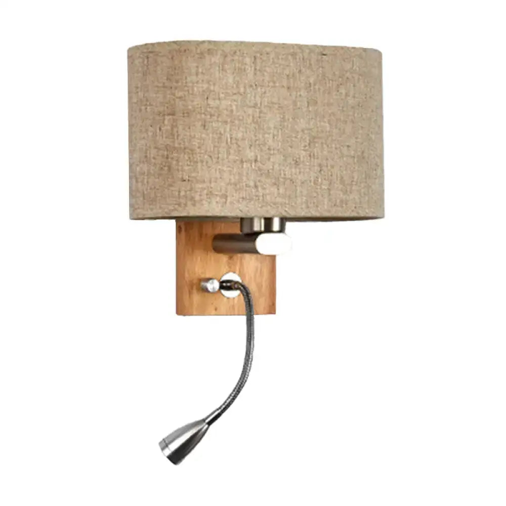 Modern beige fabric bedside reading lamp with linen-textured 5 inch fixture and wooden base featuring flexible gooseneck light