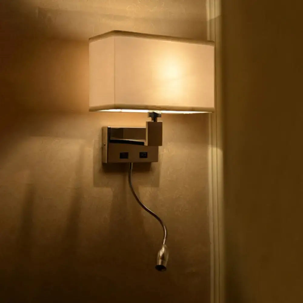 Modern beige fabric led wall sconce with rectangular off-white shade and adjustable metallic gooseneck arm for bedroom