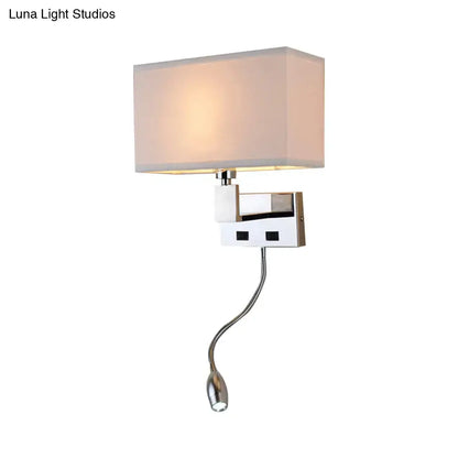 Modern beige fabric led wall sconce with rectangular shade chrome base and flexible gooseneck spotlight for bedroom