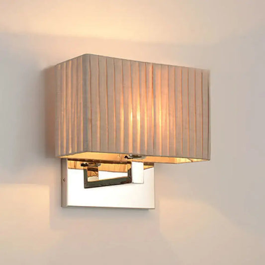 Modern beige fabric rectangle direct wired electric wall sconce with polished chrome base for bedroom lighting