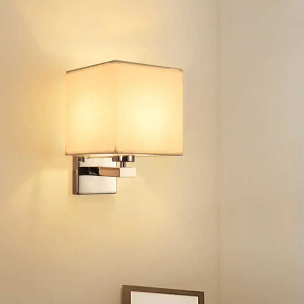Modern beige fabric shade wall light with a square off-white shade and chrome metal base for e26 e27 bulbs