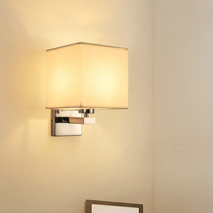 Modern beige fabric shade wall light with a square off-white shade and chrome metal base for e26 e27 bulbs