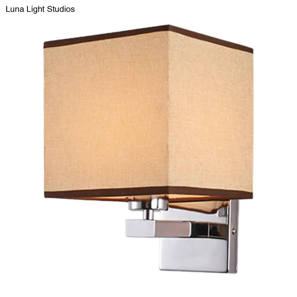 Modern beige fabric shade wall light with dark brown trim on chrome bracket compatible with e26 e27 bulbs