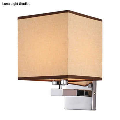 Modern beige fabric shade wall light with dark brown trim on chrome bracket compatible with e26 e27 bulbs