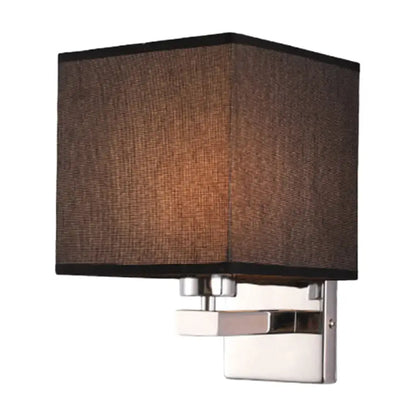 Modern square wall light with textured brown fabric shade and polished chrome base compatible with e26 e27 bulbs
