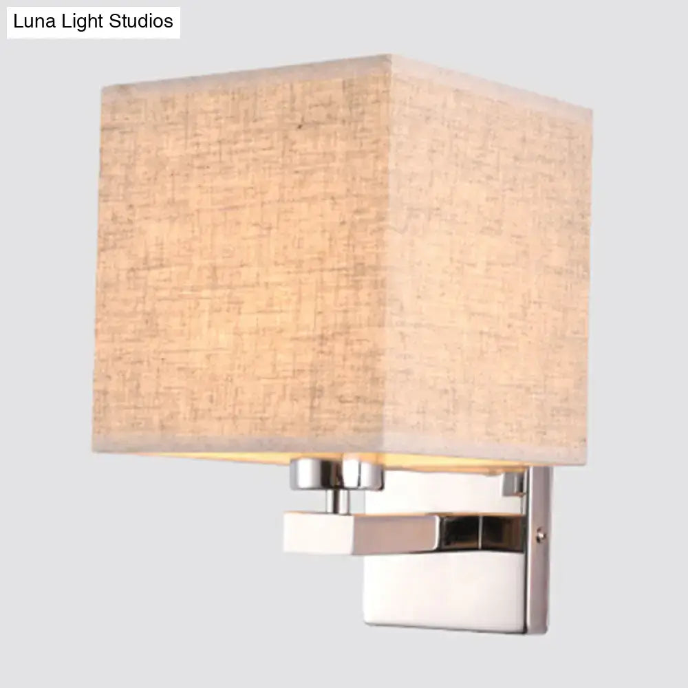 Modern beige fabric shade wall light with polished chrome metal base compatible with e26 e27 bulbs for bedroom use