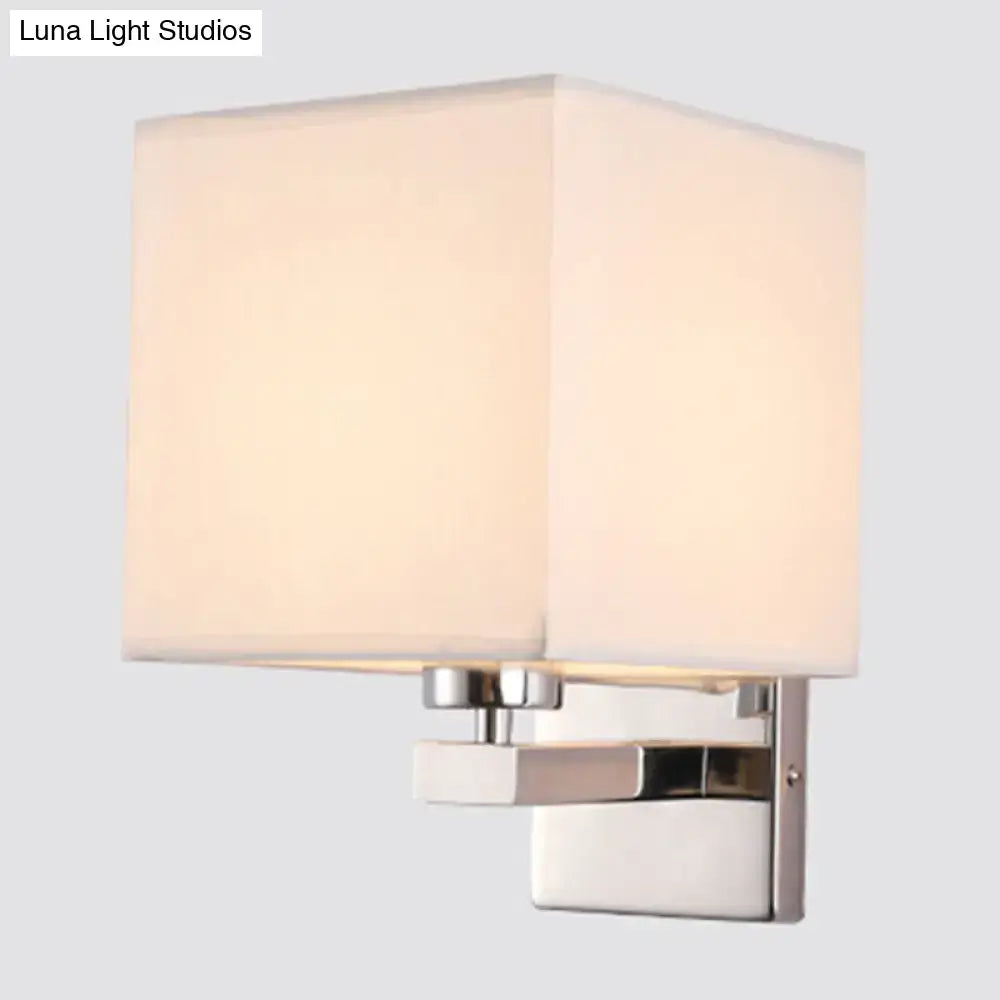 Modern wall light with square beige fabric shade and polished chrome frame compatible with e26 e27 bulbs