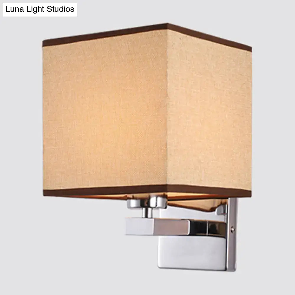 Modern beige fabric shade wall light with dark brown trim mounted on chrome sconce compatible with e26 e27 bulbs