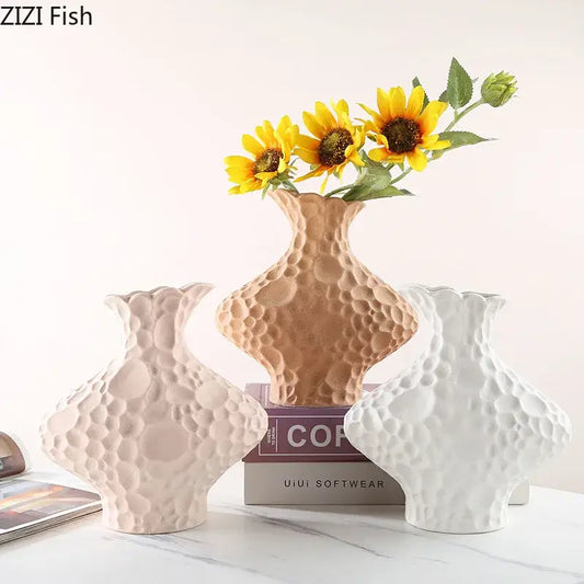 Modern beige frosted ceramic vase with textured bubble surface and flared neck for living room decorbites frosted ceramic decor