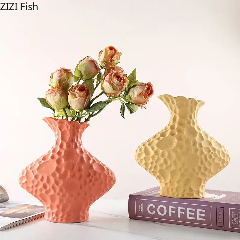 Coralb and mustard yellow decorbites frosted ceramic vases with textured bubble surface for modern living room decor