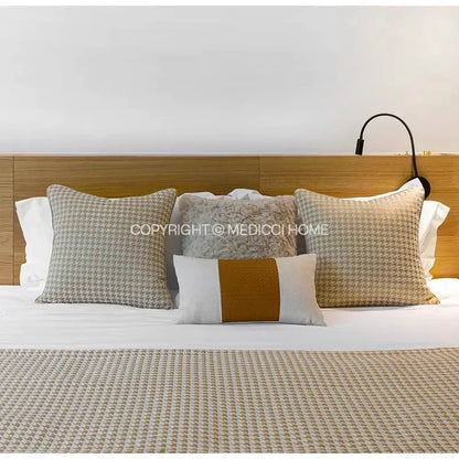Modern beige gold houndstooth jacquard lumbar pillow with bold mustard stripe for bedroom decorbites beige gold decor
